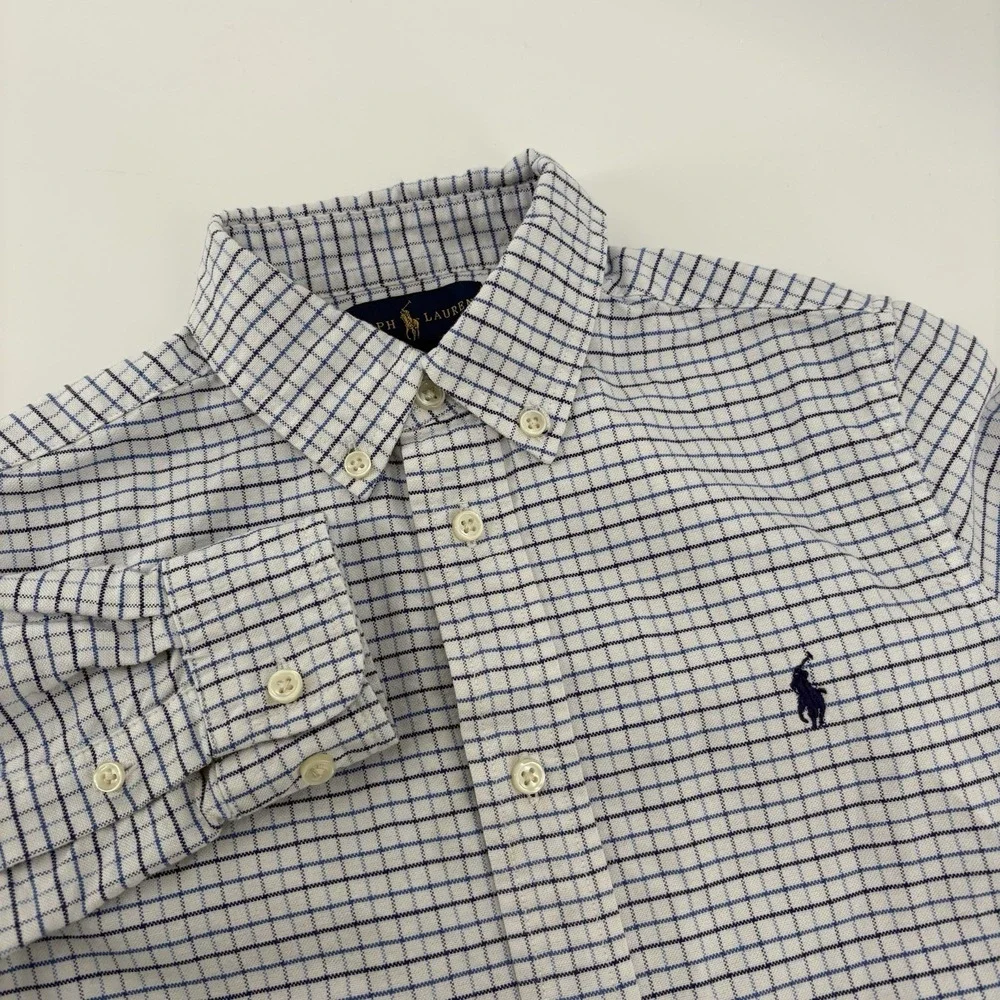 Ralph Lauren Boys Long Sleeve Button Up Shirt Size 7 Blue‎ White Check Cotton